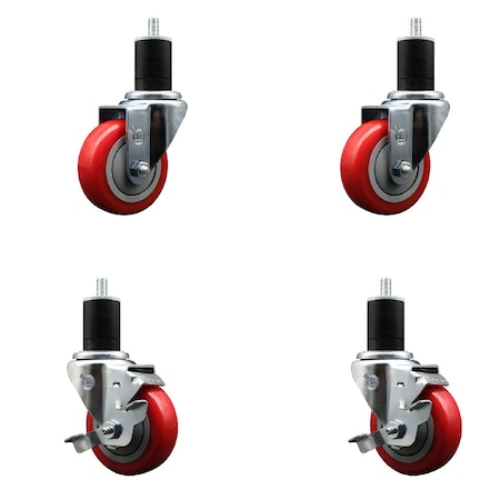 Service Caster 3.5'' Red Poly Wheel Swivel 1-3/4'' Expanding Stem Caster Set 2 Brakes, 4PK SCC-EX20S3514-PPUB-RED-2-TLB-2-134